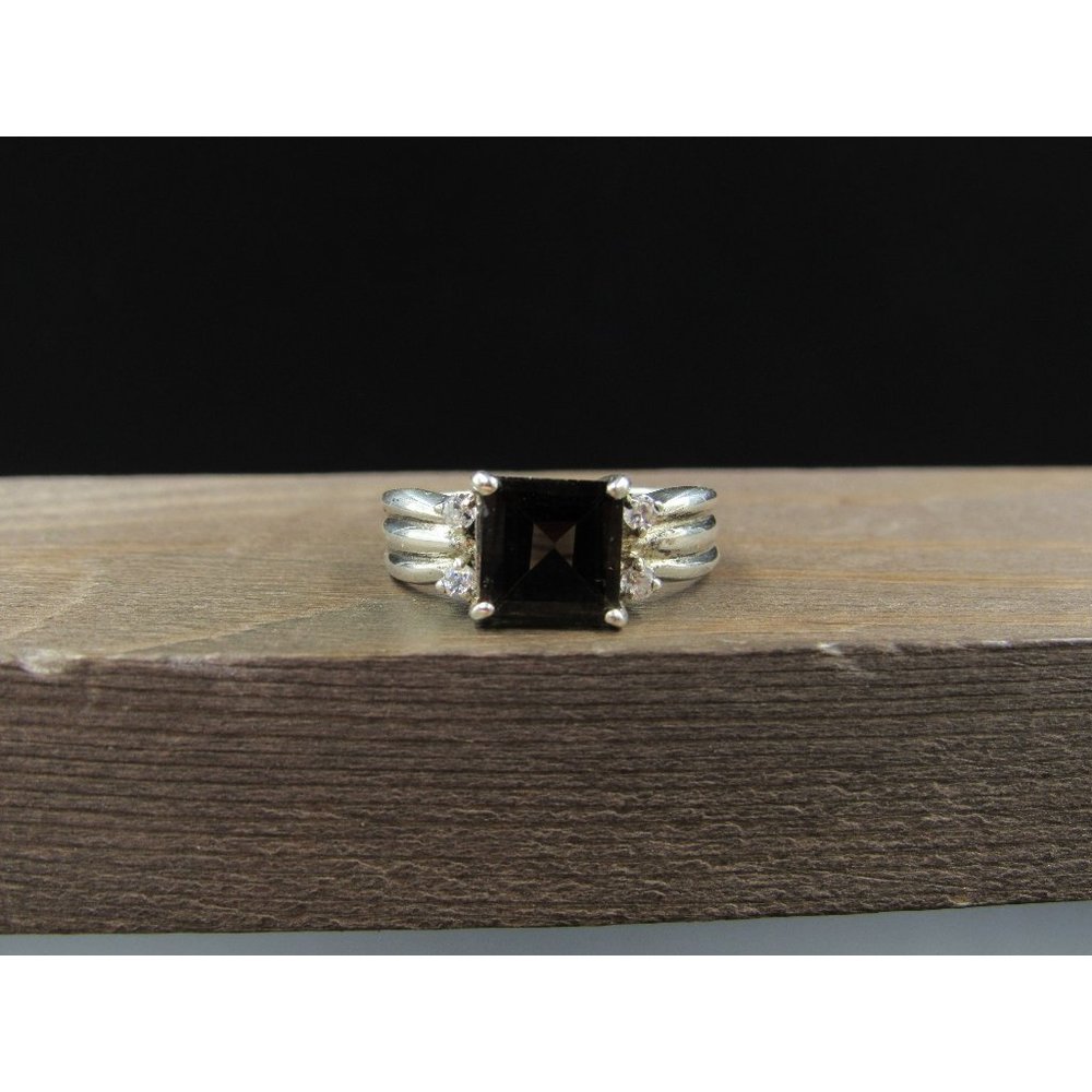 Size 8 Sterling Silver Dark Square Smoky Quartz And CZ Band Ring Vintage